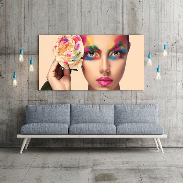 wall-canvas-5664-01 Renkli Çiçek ve Makyaj Figürlü Kadın Temalı Kuaför Duvar Tablosu – 5664