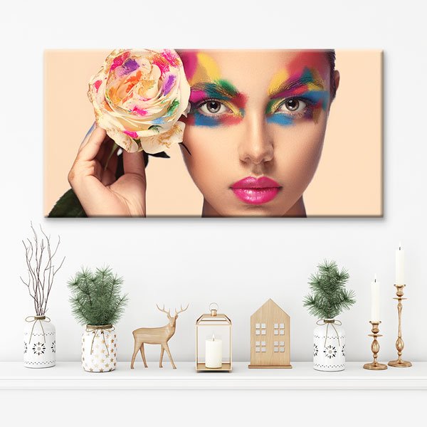 wall-canvas-5664-02 Renkli Çiçek ve Makyaj Figürlü Kadın Temalı Kuaför Duvar Tablosu – 5664