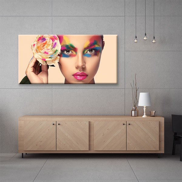wall-canvas-5664-03 Renkli Çiçek ve Makyaj Figürlü Kadın Temalı Kuaför Duvar Tablosu – 5664