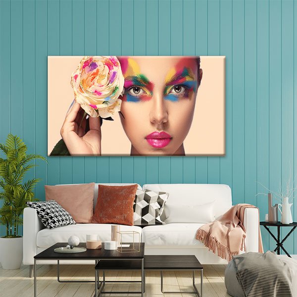 wall-canvas-5664-04 Renkli Çiçek ve Makyaj Figürlü Kadın Temalı Kuaför Duvar Tablosu – 5664