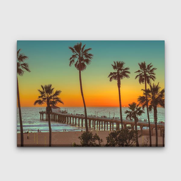 Palmiye Ağaçları ve Gün Batımı İskele Manzarası Kanvas Tablo 13602