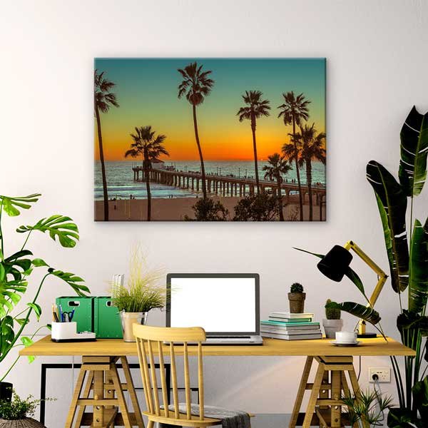 Palmiye Ağaçları ve Gün Batımı İskele Manzarası Kanvas Tablo 13602