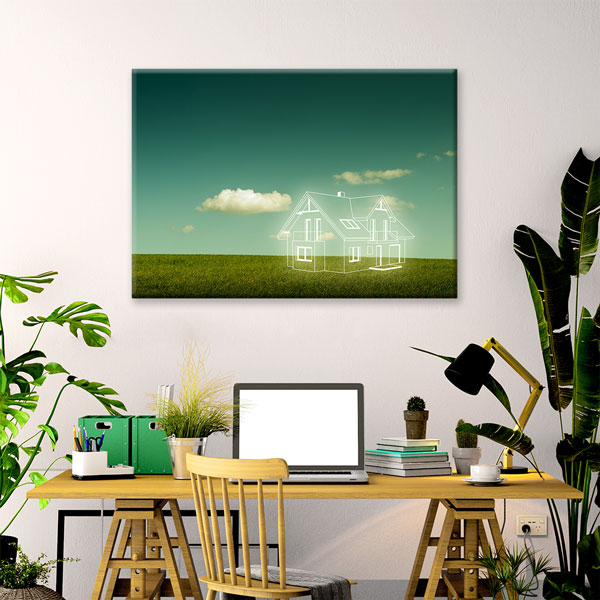 Yeşil Arazi Üzerinde Ev Tasarımı Çizimli Kanvas Tablo – 5523