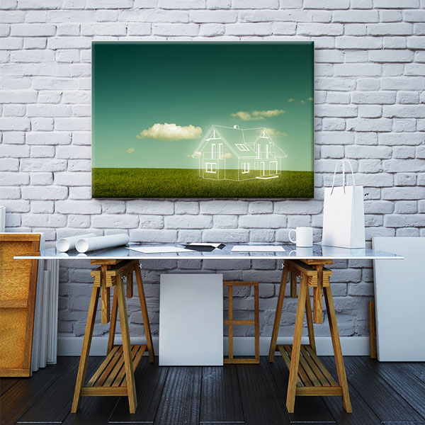 Yeşil Arazi Üzerinde Ev Tasarımı Çizimli Kanvas Tablo – 5523