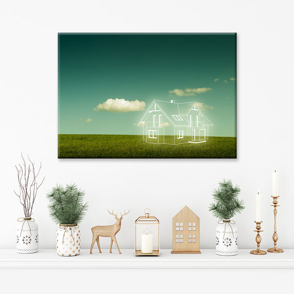 Yeşil Arazi Üzerinde Ev Tasarımı Çizimli Kanvas Tablo – 5523