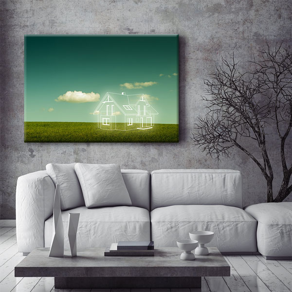 Yeşil Arazi Üzerinde Ev Tasarımı Çizimli Kanvas Tablo – 5523