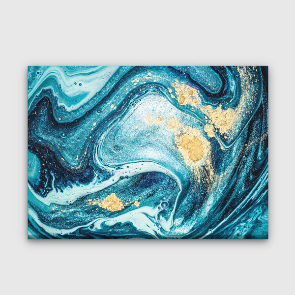 Turkuaz ve Altın Detaylı Modern Ebru Desenli Duvar Tablosu Kanvas Tablo 12132