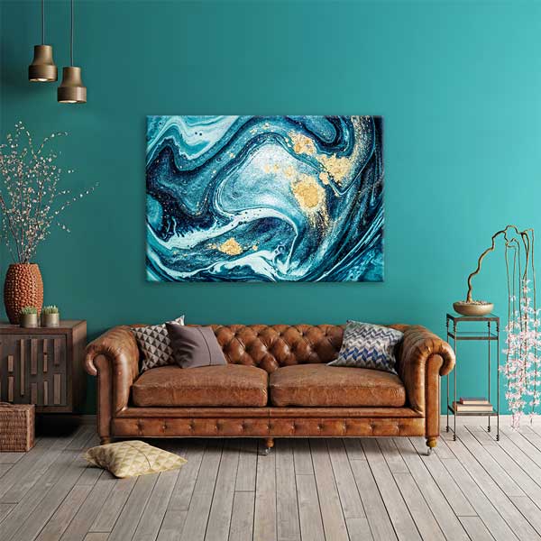 Turkuaz ve Altın Detaylı Modern Ebru Desenli Duvar Tablosu Kanvas Tablo 12132