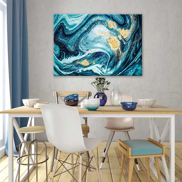 Turkuaz ve Altın Detaylı Modern Ebru Desenli Duvar Tablosu Kanvas Tablo 12132