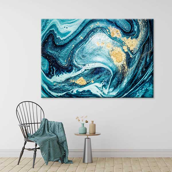 Turkuaz ve Altın Detaylı Modern Ebru Desenli Duvar Tablosu Kanvas Tablo 12132
