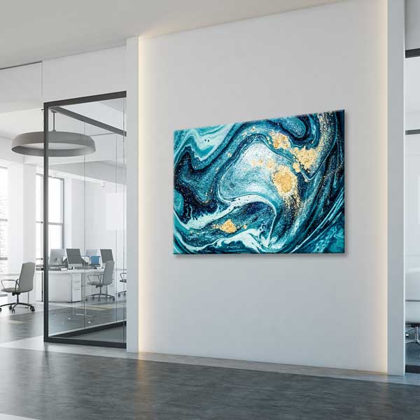 Turkuaz ve Altın Detaylı Modern Ebru Desenli Duvar Tablosu Kanvas Tablo 12132