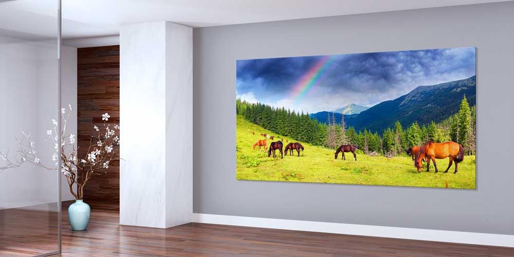 wall-canvas-design-14087-01 Gökkuşağı Altında Dağ Çayırında Atlar Büyük Ebat Duvar Dekoru 14087