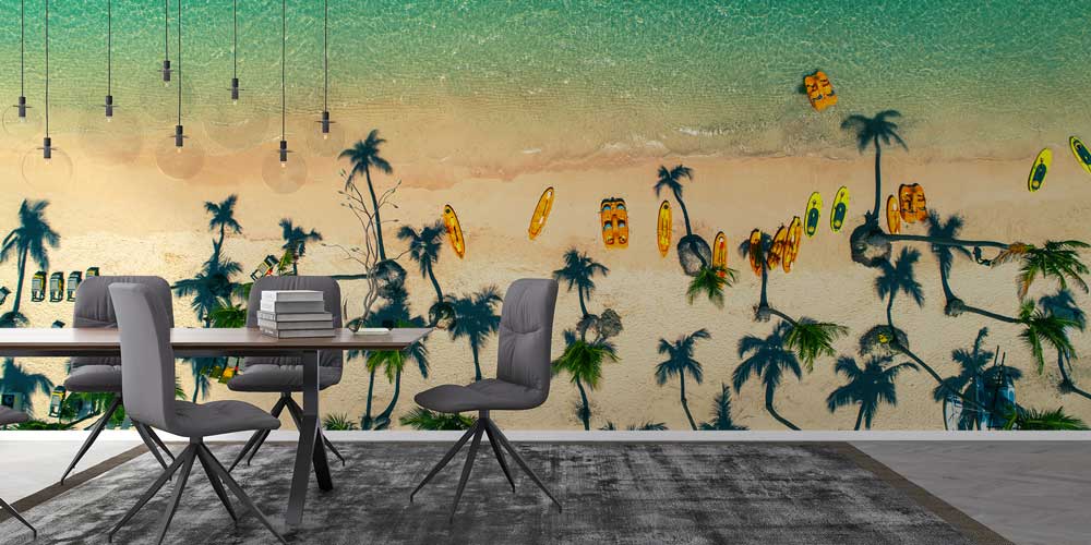 Tropik Sahil Drone Çekimi Kayak ve Palmiye Duvar Kaplaması 12887