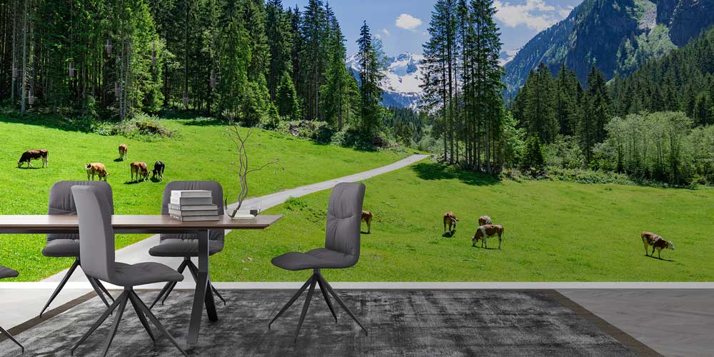 wall-cover-decor-13054-02 Alp Dağları Eteklerinde Yeşil Çayır ve Kırsal Yol Duvar Kağıdı 13054