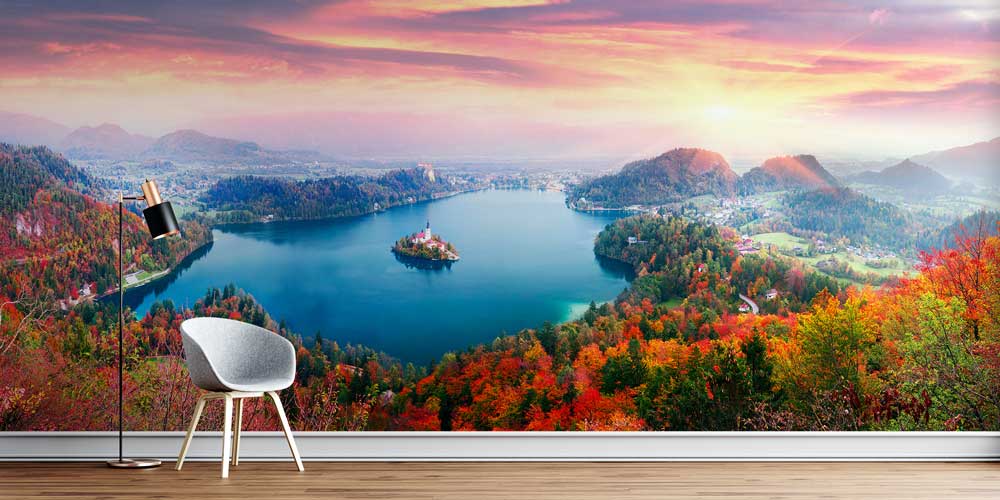 Sonbahar Renklerinde Göl ve Ada Manzaralı Avrupa Duvar Kağıdı 13035