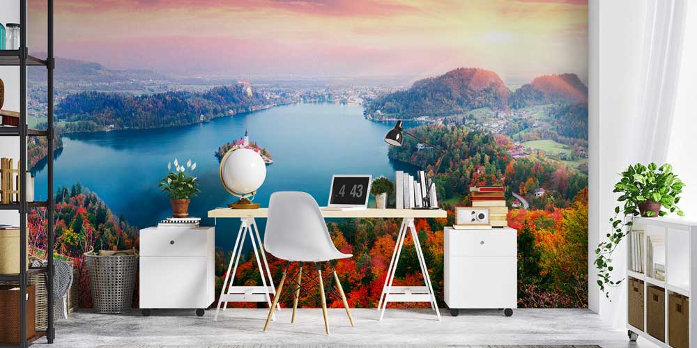 Sonbahar Renklerinde Göl ve Ada Manzaralı Avrupa Duvar Kağıdı 13035