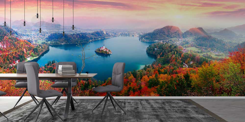 Sonbahar Renklerinde Göl ve Ada Manzaralı Avrupa Duvar Kağıdı 13035