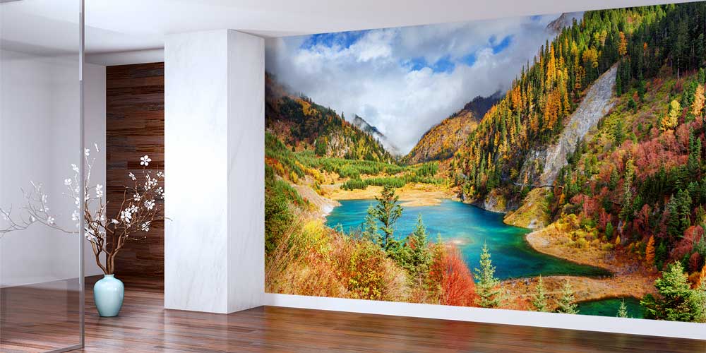 Sonbahar Dağları ve Turkuaz Göl Manzarası Duvar Kaplaması 12864