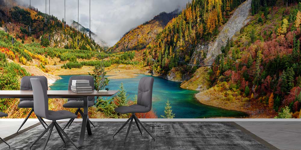 Sonbahar Dağları ve Turkuaz Göl Manzarası Duvar Kaplaması 12864