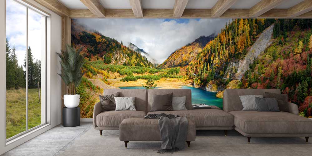 Sonbahar Dağları ve Turkuaz Göl Manzarası Duvar Kaplaması 12864