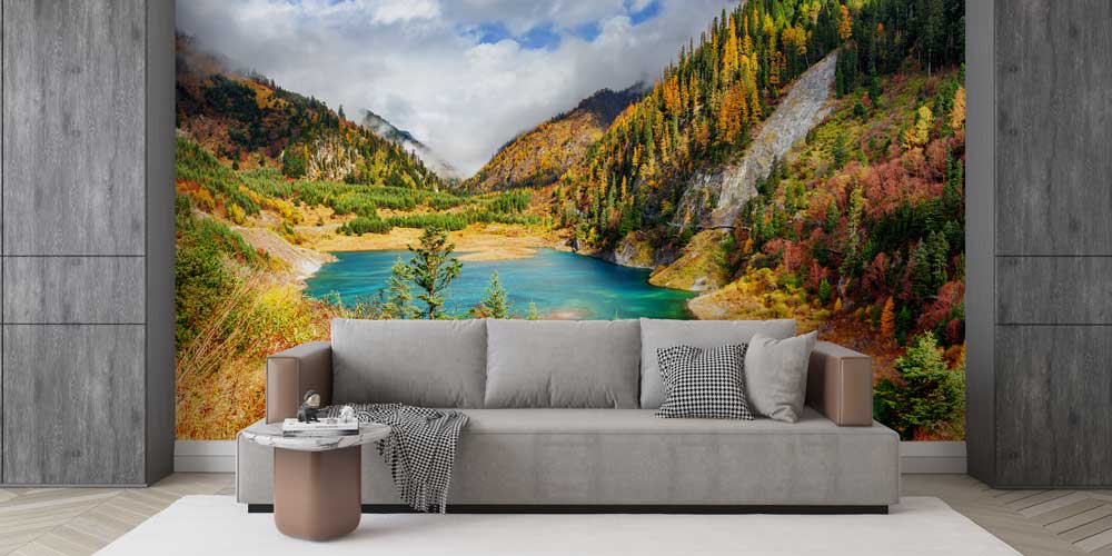 Sonbahar Dağları ve Turkuaz Göl Manzarası Duvar Kaplaması 12864