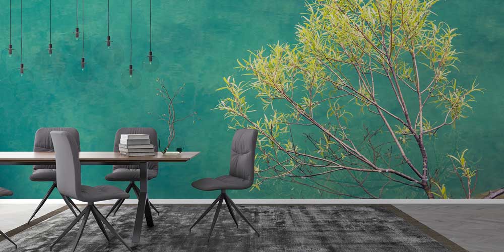 Yeşil Arka Plan ve Ağaç Dalları Minimal Duvar Kaplaması 12865