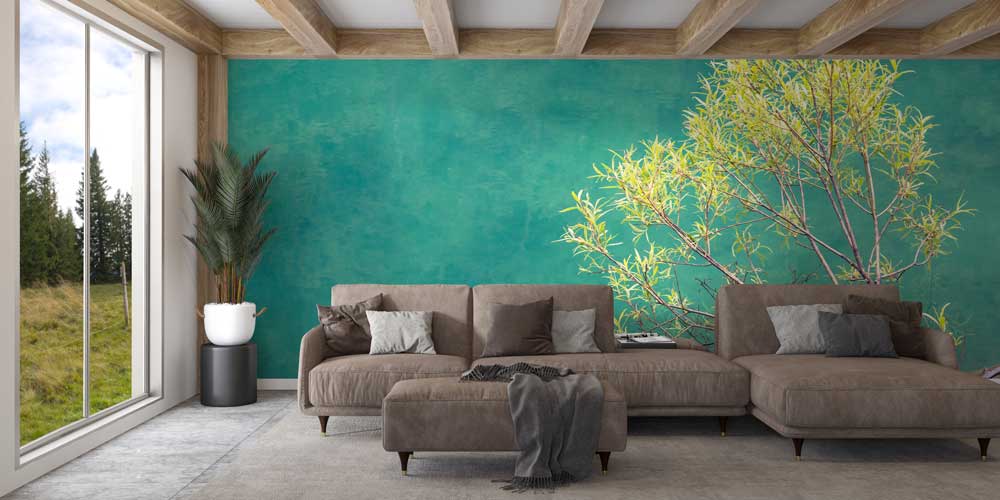 Yeşil Arka Plan ve Ağaç Dalları Minimal Duvar Kaplaması 12865
