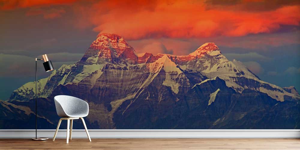 Kızıl Gün Batımı ve Karla Kaplı Dağ Zirveleri Duvar Kaplaması 12874