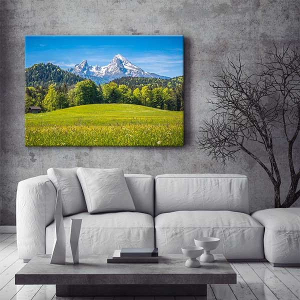 wall-decor-art-13391-01 Yeşil Ovalar ve Karla Kaplı Dağ Manzarası Duvar Tablosu 13391