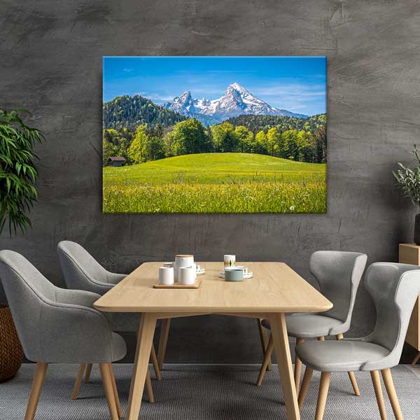 wall-decor-art-13391-03 Yeşil Ovalar ve Karla Kaplı Dağ Manzarası Duvar Tablosu 13391