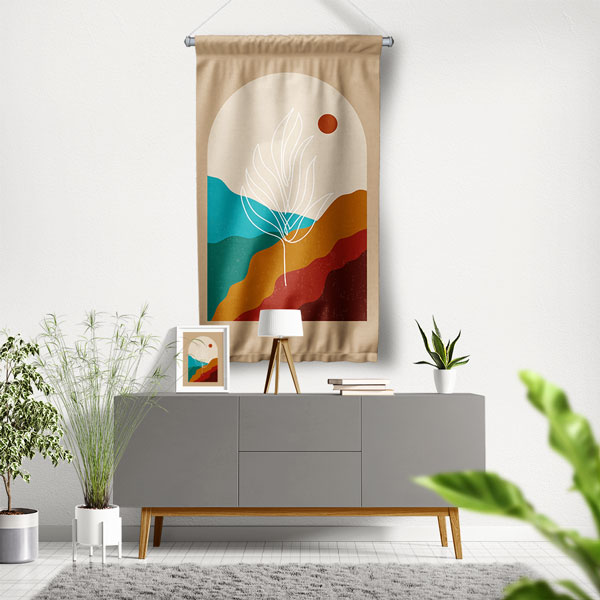 Minimal Soyut Manzara ve Yaprak Figürlü Duvar Flaması 6299