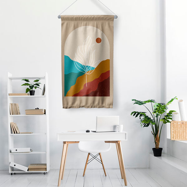 Minimal Soyut Manzara ve Yaprak Figürlü Duvar Flaması 6299