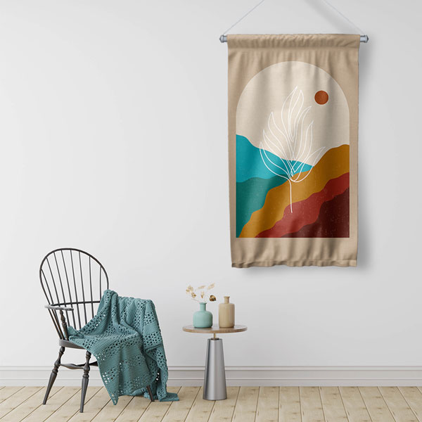 Minimal Soyut Manzara ve Yaprak Figürlü Duvar Flaması 6299