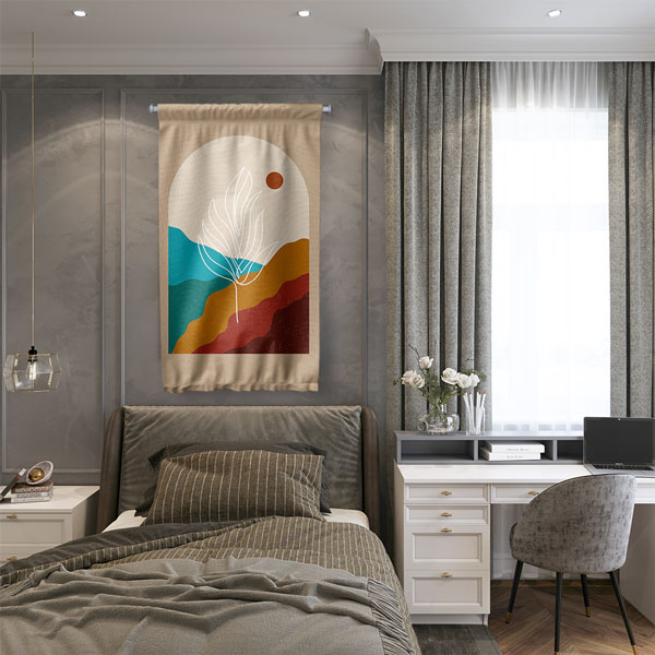 Minimal Soyut Manzara ve Yaprak Figürlü Duvar Flaması 6299