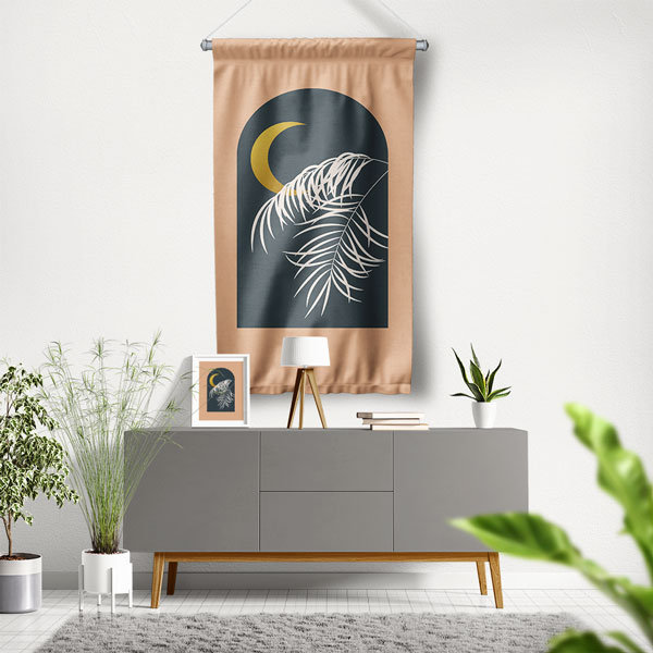 Minimal Ay ve Tropikal Yapraklı Duvar Flaması 6304