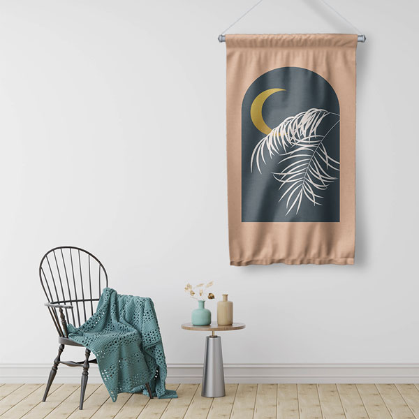 Minimal Ay ve Tropikal Yapraklı Duvar Flaması 6304