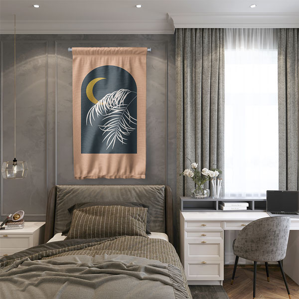 Minimal Ay ve Tropikal Yapraklı Duvar Flaması 6304