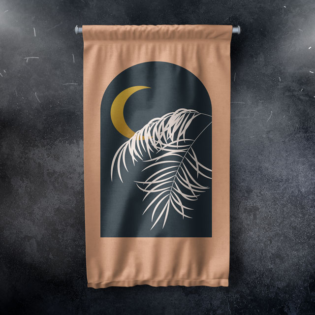 Minimal Ay ve Tropikal Yapraklı Duvar Flaması 6304