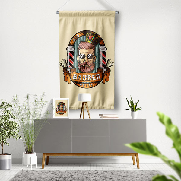 Barber House Logolu Retro Tarz Berber Duvar Flaması Kumaş Baskı 5772