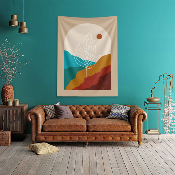 Minimal Soyut Manzara ve Yaprak Çizimli Duvar Örtüsü – Modern Doğal Dekor 6278