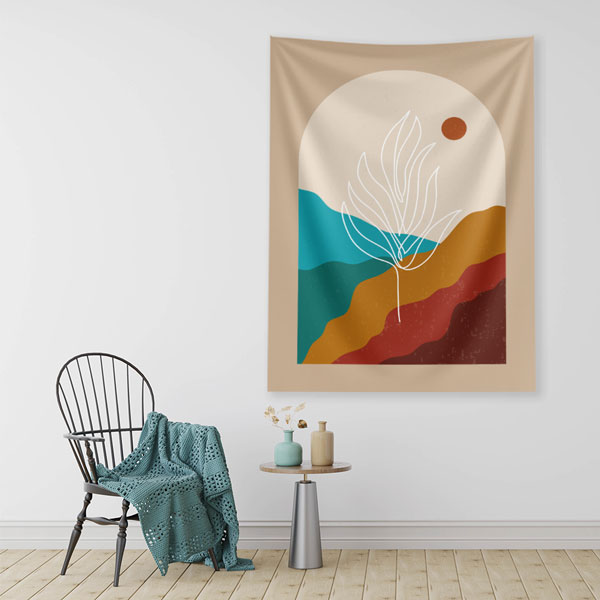 Minimal Soyut Manzara ve Yaprak Çizimli Duvar Örtüsü – Modern Doğal Dekor 6278