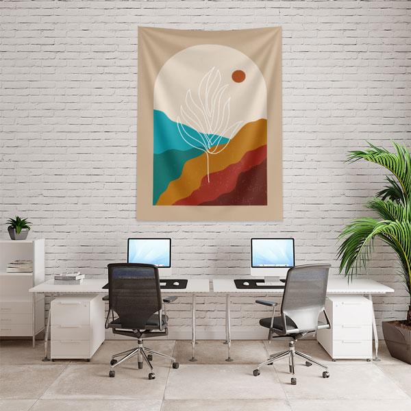 Minimal Soyut Manzara ve Yaprak Çizimli Duvar Örtüsü – Modern Doğal Dekor 6278