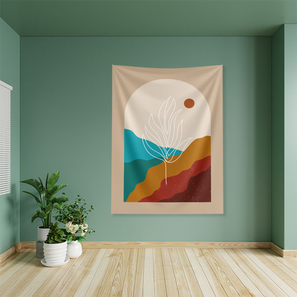 Minimal Soyut Manzara ve Yaprak Çizimli Duvar Örtüsü – Modern Doğal Dekor 6278