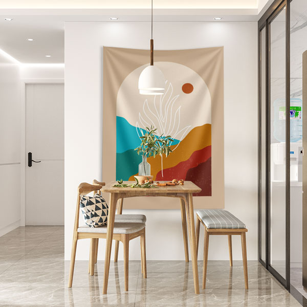 Minimal Soyut Manzara ve Yaprak Çizimli Duvar Örtüsü – Modern Doğal Dekor 6278