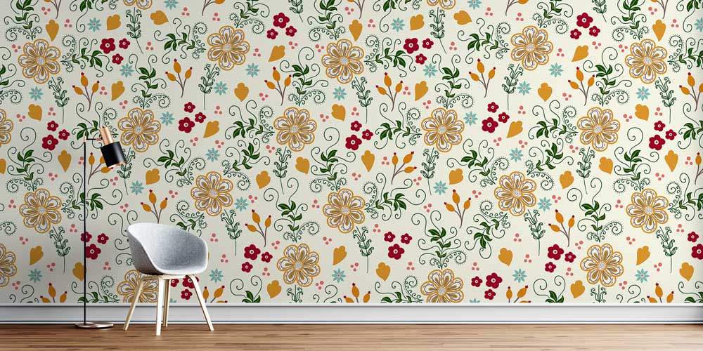 Dekoratif Çiçek ve Yaprak Motifli Klasik Botanik Duvar Kağıdı 4265