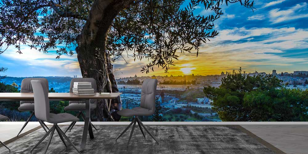 Zeytin Ağacı ve Gün Batımı Şehir Manzarası Duvar Kağıdı 12835