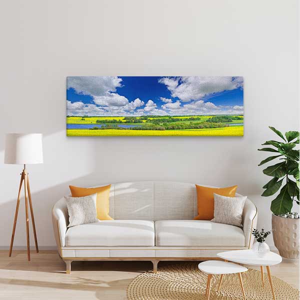 Sarı Çiçek Tarlaları ve Nehir Panoramik Kırsal Manzara Duvar Tablosu 13919