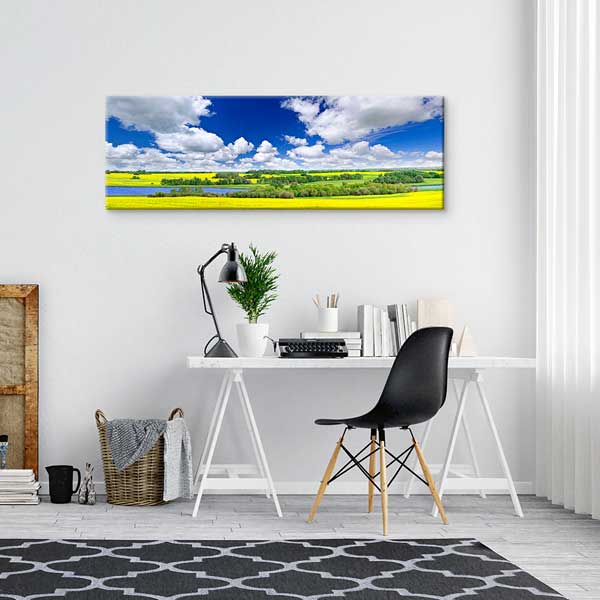 Sarı Çiçek Tarlaları ve Nehir Panoramik Kırsal Manzara Duvar Tablosu 13919