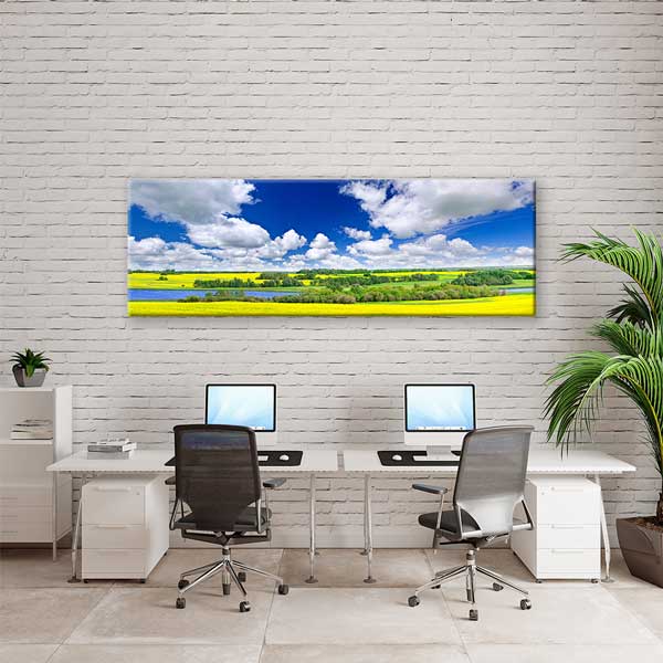 Sarı Çiçek Tarlaları ve Nehir Panoramik Kırsal Manzara Duvar Tablosu 13919