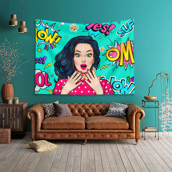 Pop Art OMG! Renkli Kadın İllüstrasyonlu Duvar Örtüsü 5737